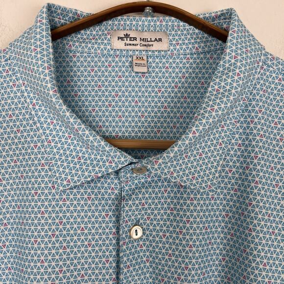 Peter Millar Summer Comfort Golf Polo Shirt 2XL Blue Geometric Preppy Active - Picture 2 of 9